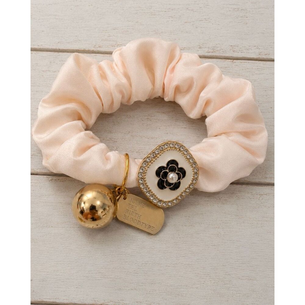 Pink Camellia Flower Scrunchie with Charms - Hair Tie Hair Band Ponytail